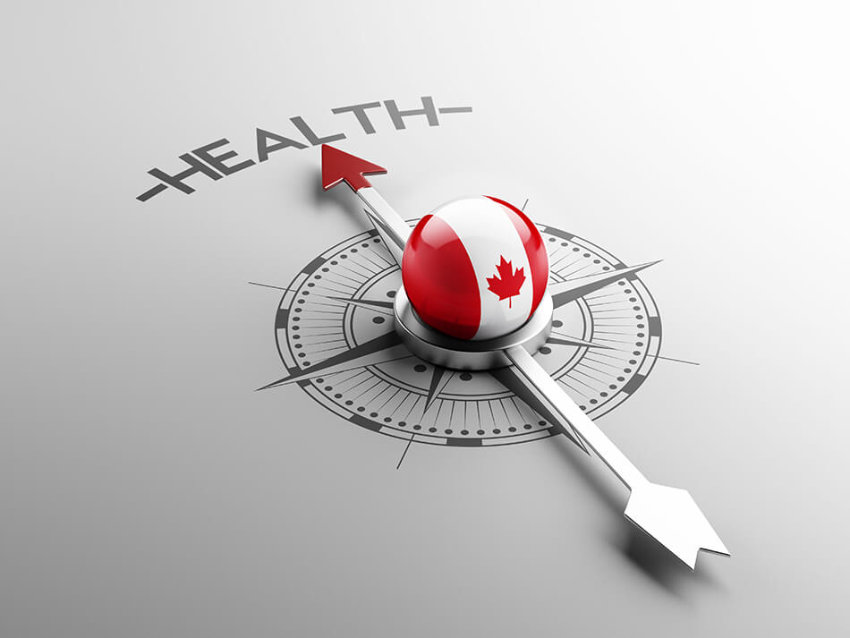 compass with Canadian flag pointing towards the word health