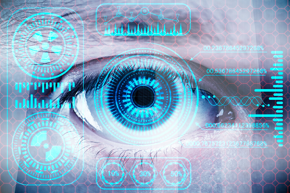 various scientific measures and diagrams superimposed over a closeup view of a man’s eye