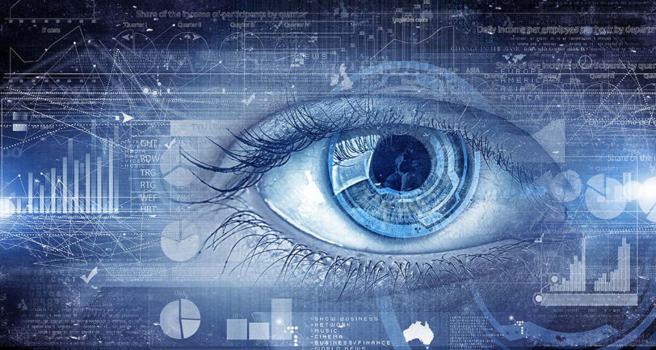 An eye with various charts and graphs