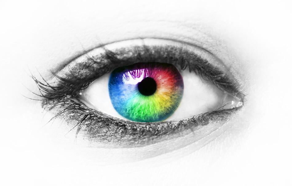 eye with coloured contact lenses rainbow