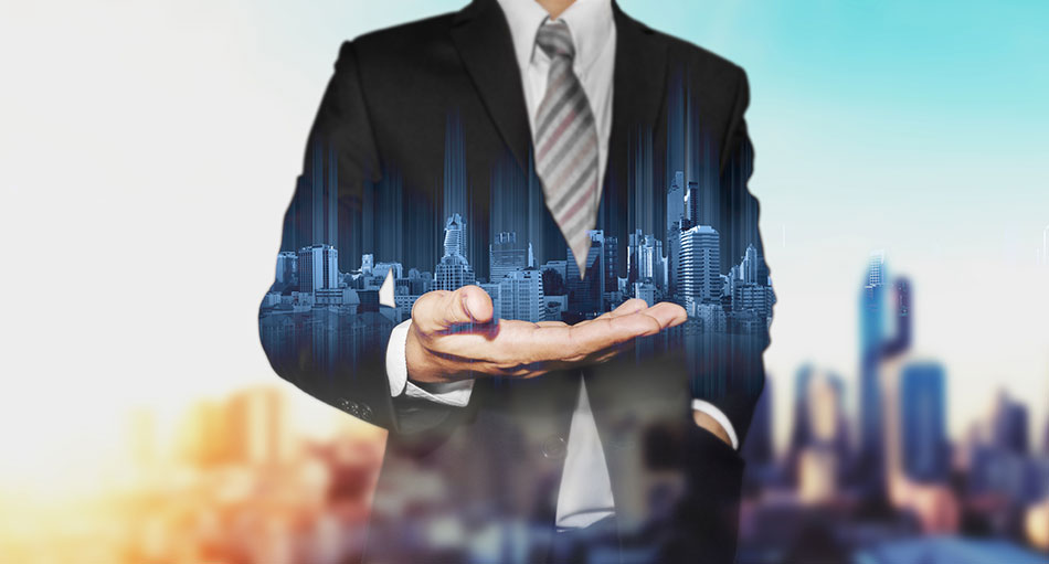 man holding smart city hologram