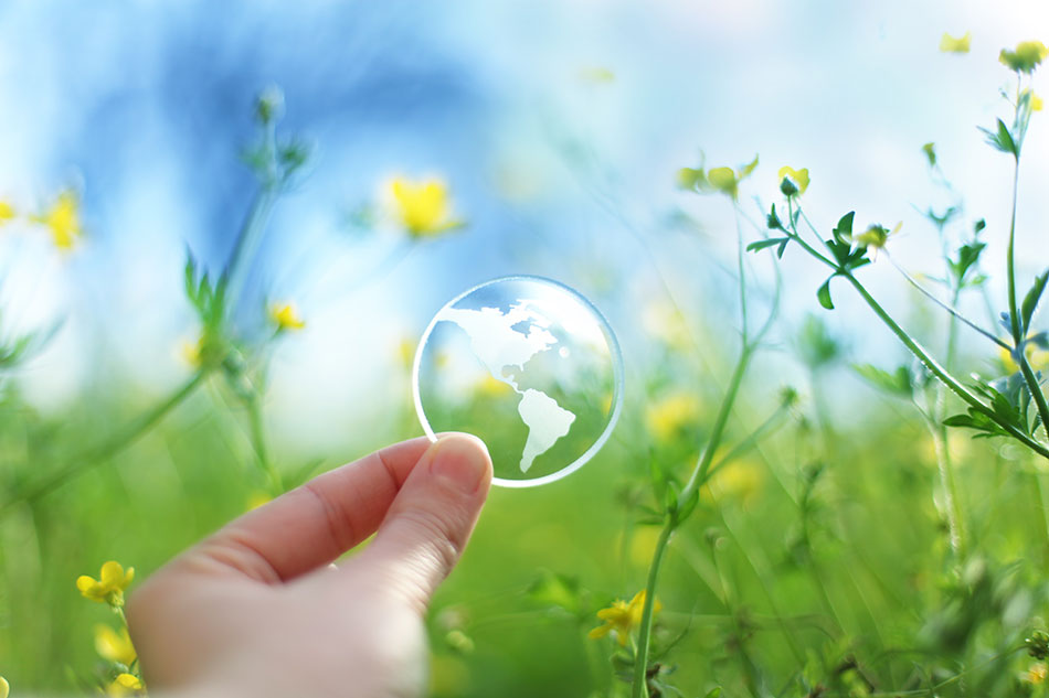 nature scene with hand holding glass-etched globe