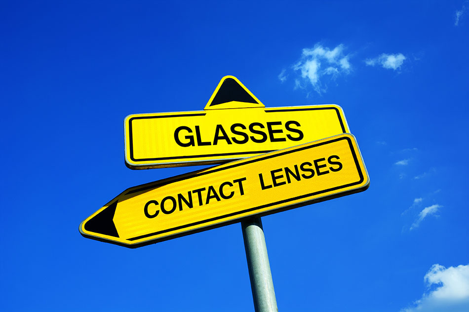 Street sign with glasses point up and contact lenses pointing left