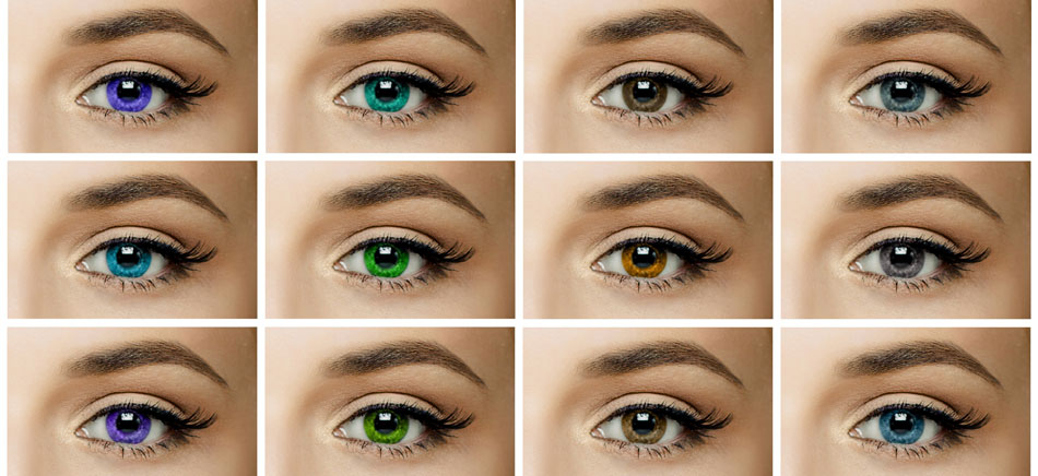 Twelve eyes showing different types of contact lenses