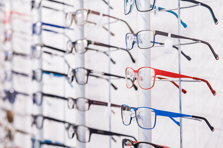 wall of eyeglass frames on display