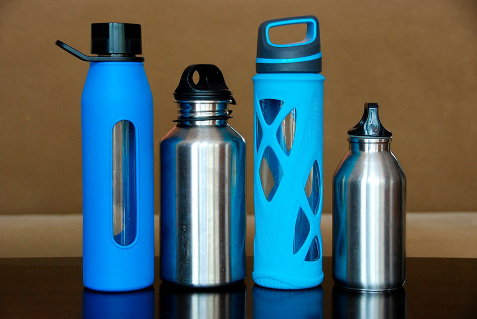 blue and metal water bottles