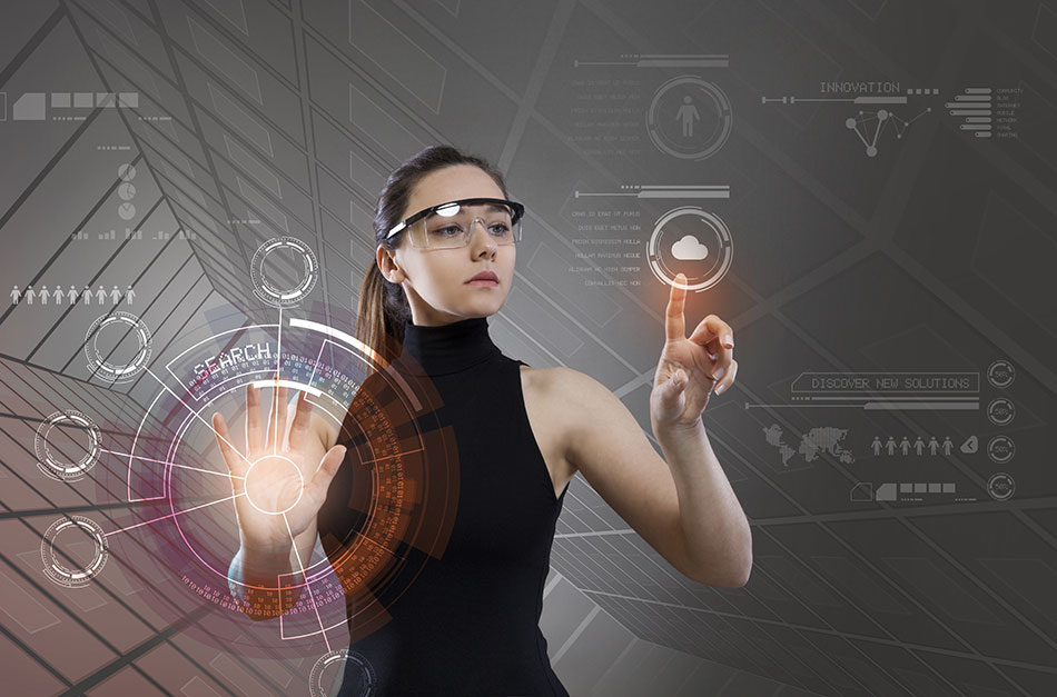 Woman wearing augmented reality glasses using virtual interface in real world