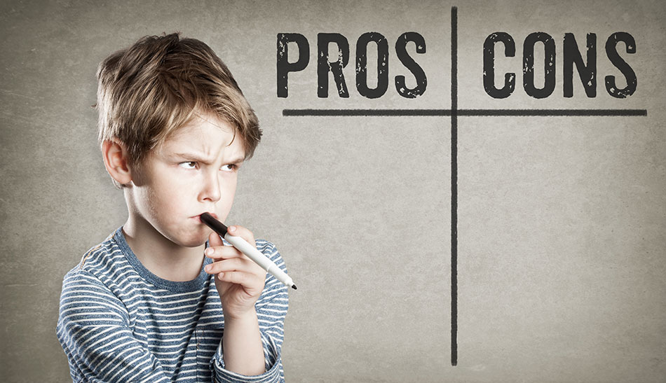 Young boy pondering pros and cons list with marker